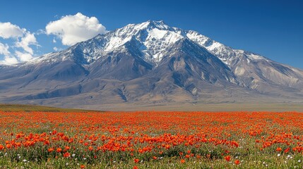 Vibrant field of red flowers in foreground with majestic snow-capped mountain backdrop
