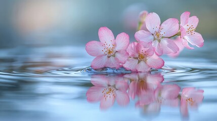 Delicate pink cherry blossoms floating on tranquil water, creating serene reflections