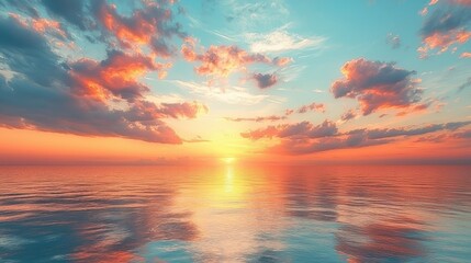 Serene sunset over a calm ocean, with colorful clouds reflecting on the water's surface