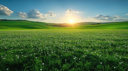 Serene sunrise over lush green fields with scattered flowers and soft clouds in the sky