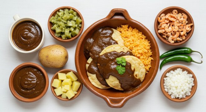 Colorful arrangement of traditional Mexican food, romeritos featuring tacos with mole sauce and toppings