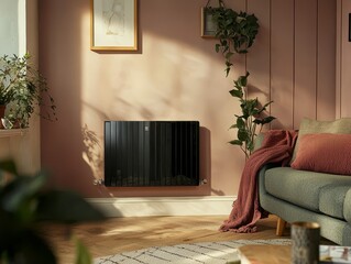 Black radiator with a glossy finish, featured in a cozy living room with muted pastel walls, accent furniture, and soft lighting creating a serene ambiance