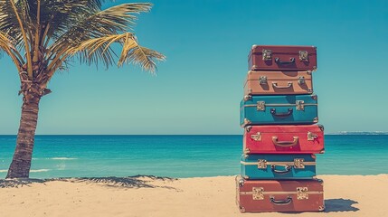 Colorful stacked suitcases on a sunny beach with palm trees and ocean waves in the background