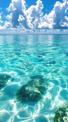 Serene turquoise waters with visible rocks beneath, under a bright sky with fluffy clouds
