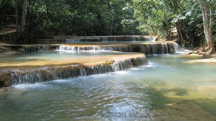 Serene cascading waterfalls surrounded by lush greenery in a tranquil forest setting