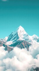 Majestic snow-capped mountain peak towering above fluffy white clouds under a clear blue sky