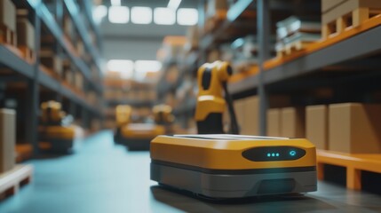 Fototapeta premium Automated warehouse. Robots managing and transporting inventory. Emphasizing efficiency and automation in warehouse operations. Ideal for warehouse management features.