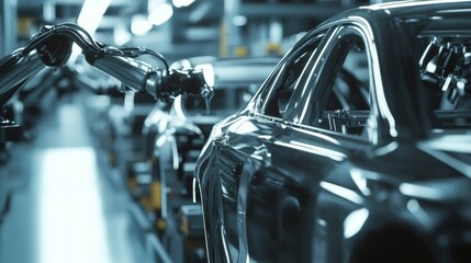 Automobile assembly line with robotic arms. Featuring car manufacturing. Highlighting automation and precision engineering. Ideal for automotive industry visuals.