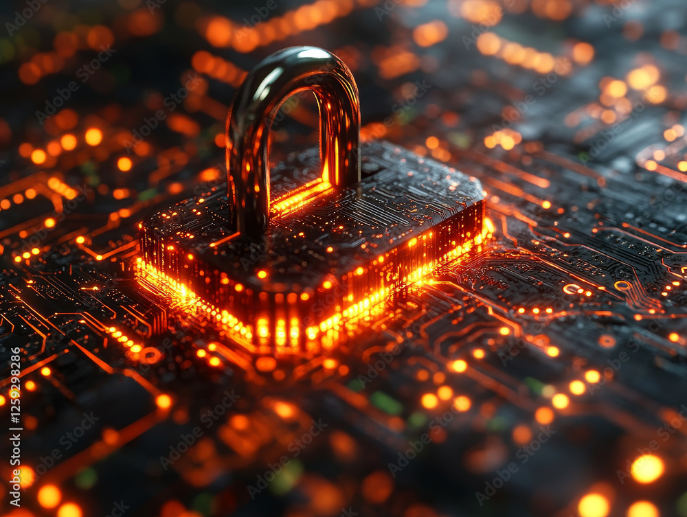 Poster digital padlock on circuit board with glowing elements