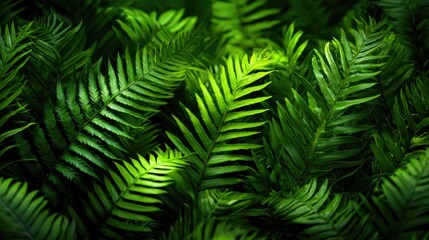 Lush green ferns densely populate a serene forest floor, showcasing nature's vibrant textures and hues