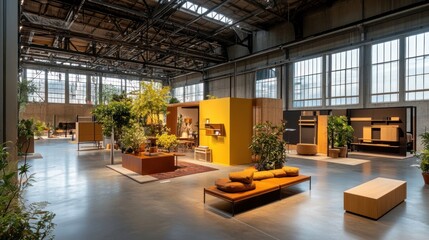 Modern interior design exhibition showcasing vibrant decor and plants