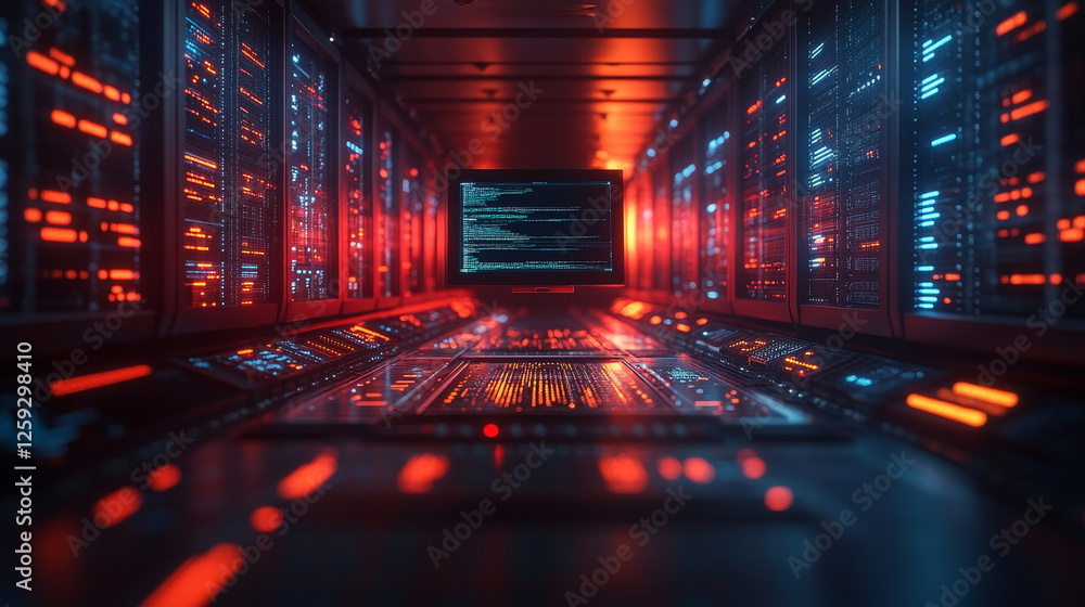 Poster powerful cybersecurity system protecting data in server room