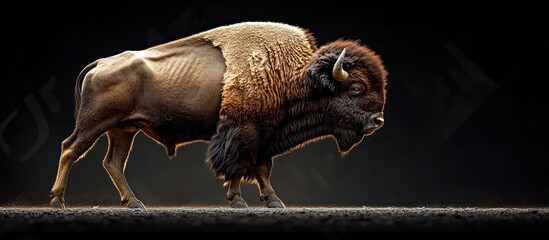 Majestic bison walking against dark background.