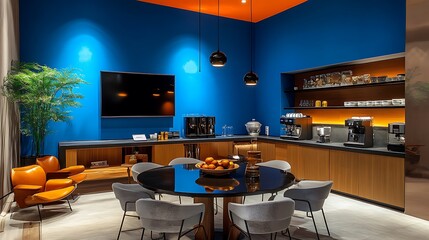 Modern Office Break Room Design: Blue Walls, Orange Accents, and a Sleek Coffee Bar