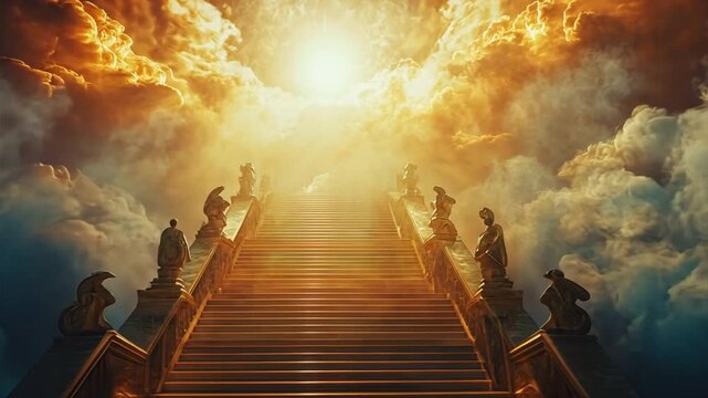 Celestial Stairway to Heaven: A majestic, golden stairway ascends towards a radiant heavenly light, surrounded by ethereal clouds and statuesque figures.