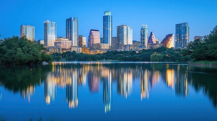 Fototapeta premium City skyline reflecting on tranquil lake at twilight