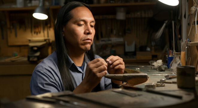 A man is sitting at a workbench, working on a piece of jewelry