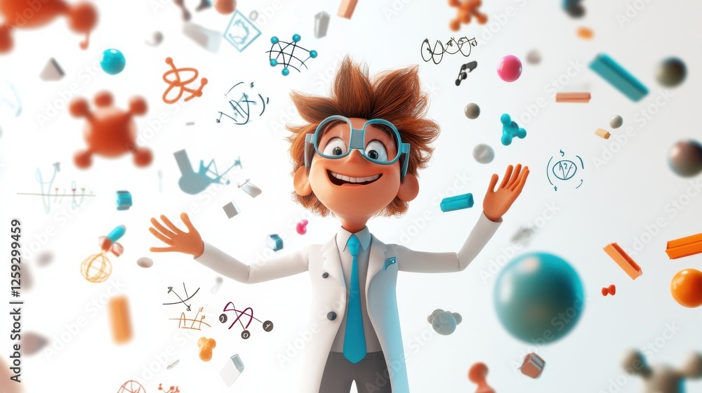 Poster happy scientist with colorful science elements floating around