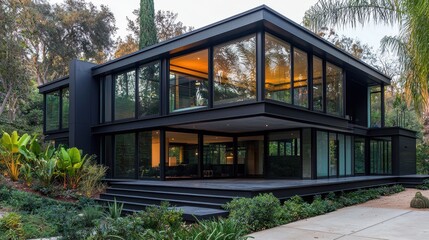 Modern Black House Surrounded by Lush Greenery and Tropical Plants