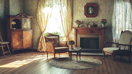 A haunted living room with antique furniture, dusty surfaces, and torn drapes; the fireplace cold and empty, dim moonlight casting long shadows across the creaky wooden floor