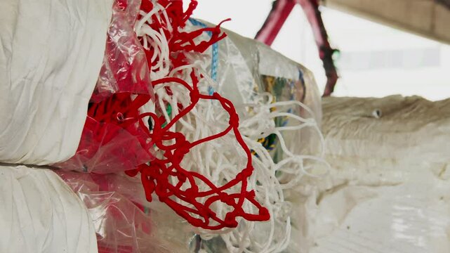 Closeup of a bunch of nylon nets for a recycling facility