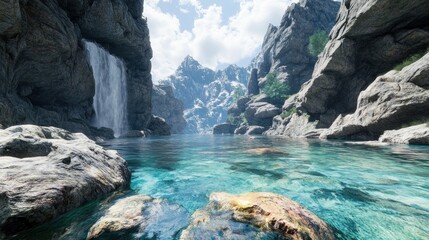 Mountain gorge waterfall serene lake background