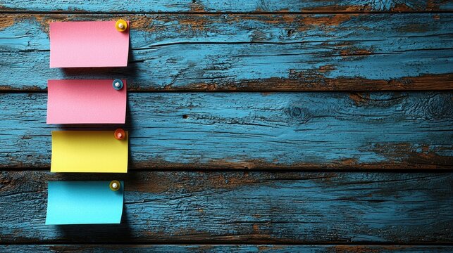 Colorful sticky notes arranged on a rustic wooden background, ideal for brainstorming and reminders