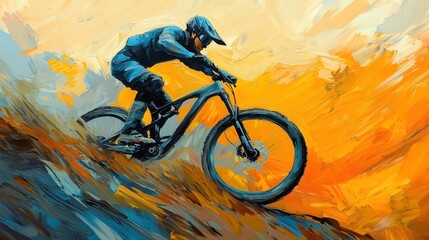Mountain Biker Descending Steep Trail with Vibrant Background Colors