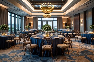 Fototapeta premium Unique Corporate Event Venue with Modern Table Arrangements and Sophisticated Ambiance