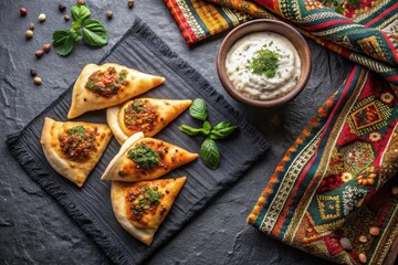Savory Baked Triangles Served with Creamy Dip on a Dark Textured Surface Accompanied by an Ornate Textile