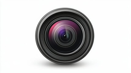 Close-up of a camera lens against a white background. The lens is black with a silver ring around it.