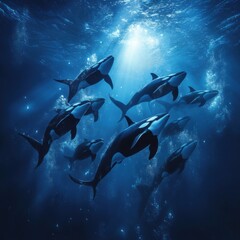 Group of Orcas Swimming in Deep Blue Ocean Light Rays