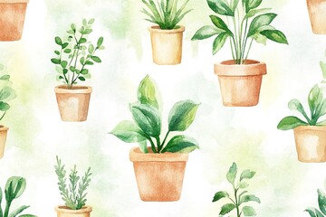 Fototapeta premium Watercolor Potted Plants Seamless Pattern Green Houseplants