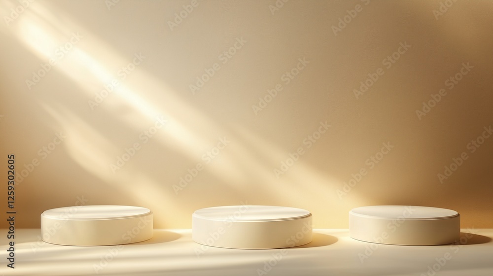 Poster three white round objects sit on table. minimalist product display in a round. a podium with a beige
