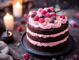 Delectable chocolate cake layered with rich ganache, adorned with pink whipped frosting and berries, surrounded by soft candlelight ambiance