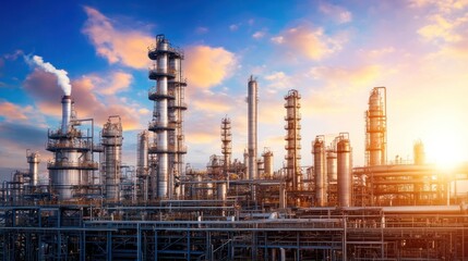Fototapeta premium Industrial skyline at sunset with smokestacks and pipes