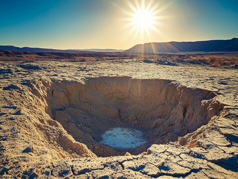 Desolate landscape with fractured, dusty mud, a radiant white hole illuminating the dry terrain, intense sun casting sharp, elongated shadows
