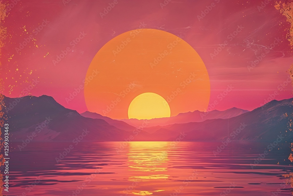 Poster sunset orange and pink gradient background with vignette and grain texture for creative projects