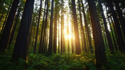 Obraz premium Sunlight Filters Through Tall Trees in Lush Green Forest Landscape