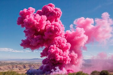 Fototapeta premium Vibrant Fuchsia Smoke Creating a Joyful Atmosphere on a Clear Landscape