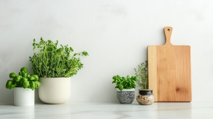 Fresh herbs in pots and a wooden cutting board on a kitchen counter.