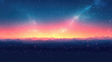 Vibrant cosmic landscape at dawn with stars, mountains, and a colorful gradient sky