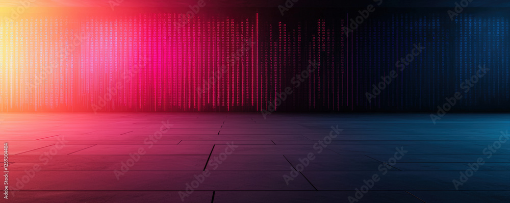 Poster a vibrant, illuminated background featuring colorful vertical lines against a dark backdrop, creatin