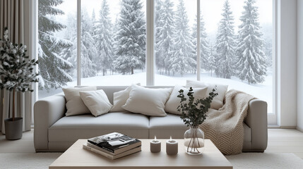 Minimalist interior design of modern cozy livingroom with winter landscape
