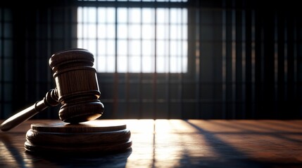 Gavel, courtroom, jail bars, sunlight, justice