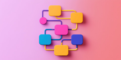 Obraz premium A colorful flowchart design with various shapes and connectors on a gradient background, symbolizing processes and connections.