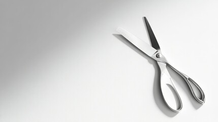 Sleek silver scissors on a minimalist white background.  Sharp and modern.