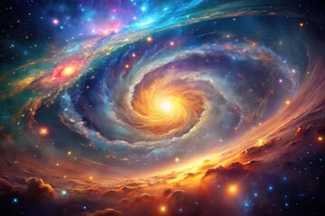 Obraz premium A Celestial Vortex A swirling nebula of vibrant cosmic dust and radiant stars, a breathtaking display of celestial energy and infinite wonder.