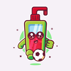 cheerful hand sanitizer bottle character mascot playing football isolated cartoon