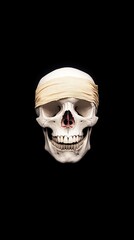 Realistic human skull with a blindfold, centered against a dark background, evoking mystery